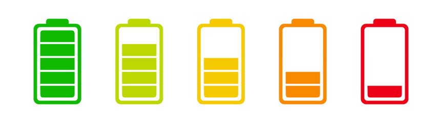 Battery icon set. Battery charge flat icons in multiple colors. low to full battery level status indicator.