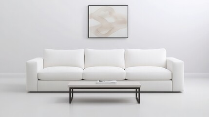 Modern minimalist living room with a stylish white couch and elegant coffee table, featuring art on the wall, ideal for contemporary home decor inspiration.