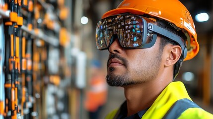 Workers utilizing augmented reality glasses to enhance efficiency in a busy industrial environment