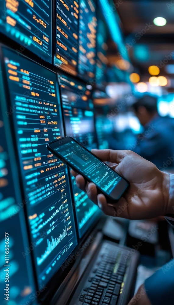 Poster crypto trader analyzing charts on phone app, monitoring market trends on multiple screens
