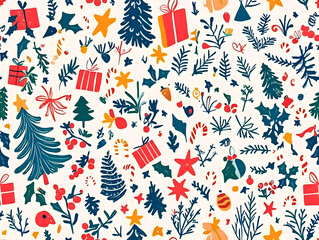 Naklejka premium 2408 12.A Christmas pattern filled with holiday icons like Christmas trees, presents, garlands, stars, and twigs, all illustrated in a cute Memphis boho style. The hand-drawn elements are arranged in