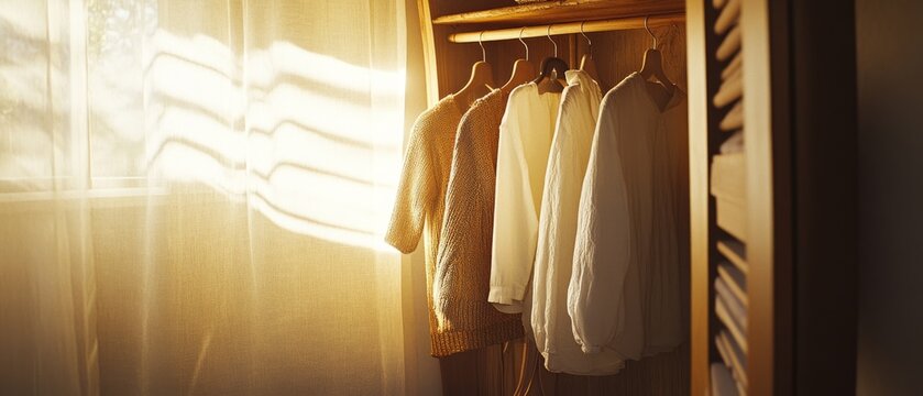Sun-kissed sweaters hang gracefully in a closet, suggesting warmth, comfort, and effortless style.