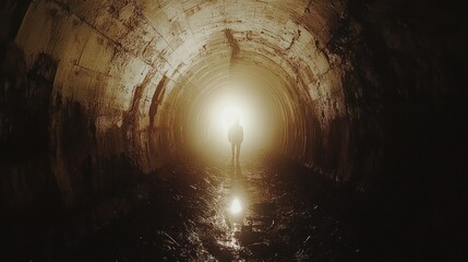 Naklejka premium Silhouette of a person standing at the end of a dimly lit tunnel.