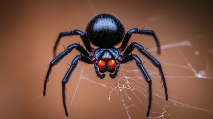 Obraz premium Macro shot of black widow spider captivating behavior against dark nature backdrop