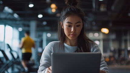 Focused young woman using tablet in gym.