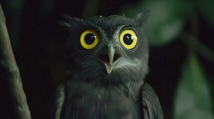 Fototapeta premium Close-up of a Dark Owl with Bright Yellow Eyes and Open Beak