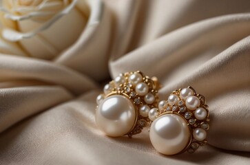 a pair of elegant pearl earrings with gold accents on a  silky fabric