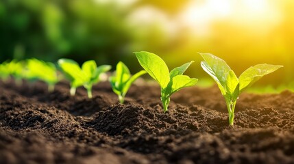 Fototapeta premium Fresh green seedlings sprout from rich soil in a sunlit garden, symbolizing growth and new beginnings.