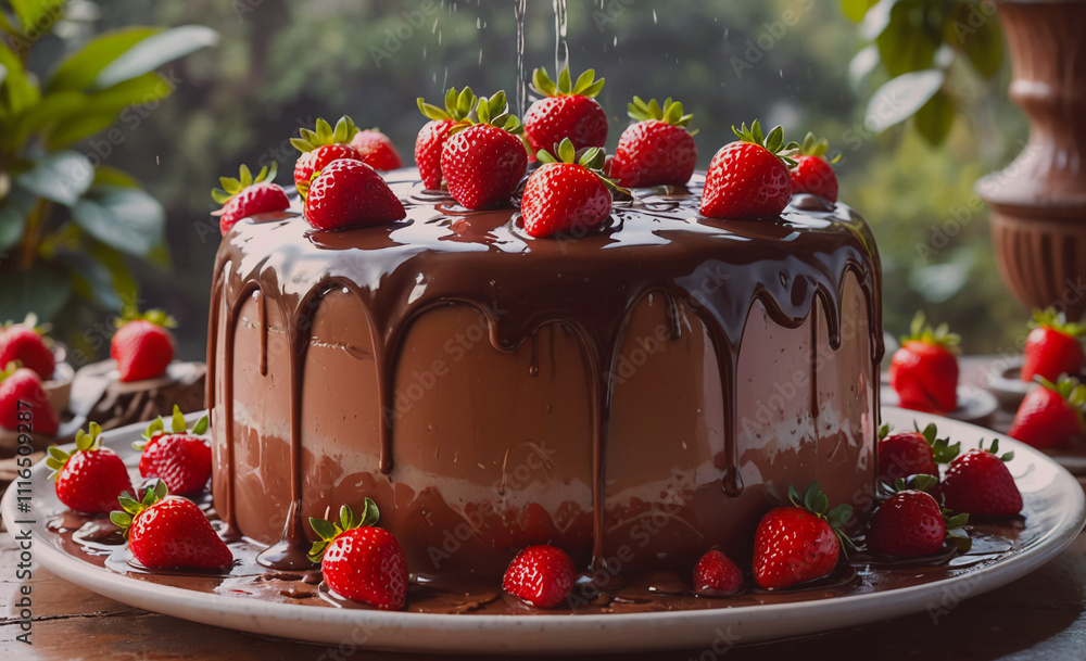 Poster chocolate cake with strawberries on top. the strawberries are on a plate. the cake is on a table
