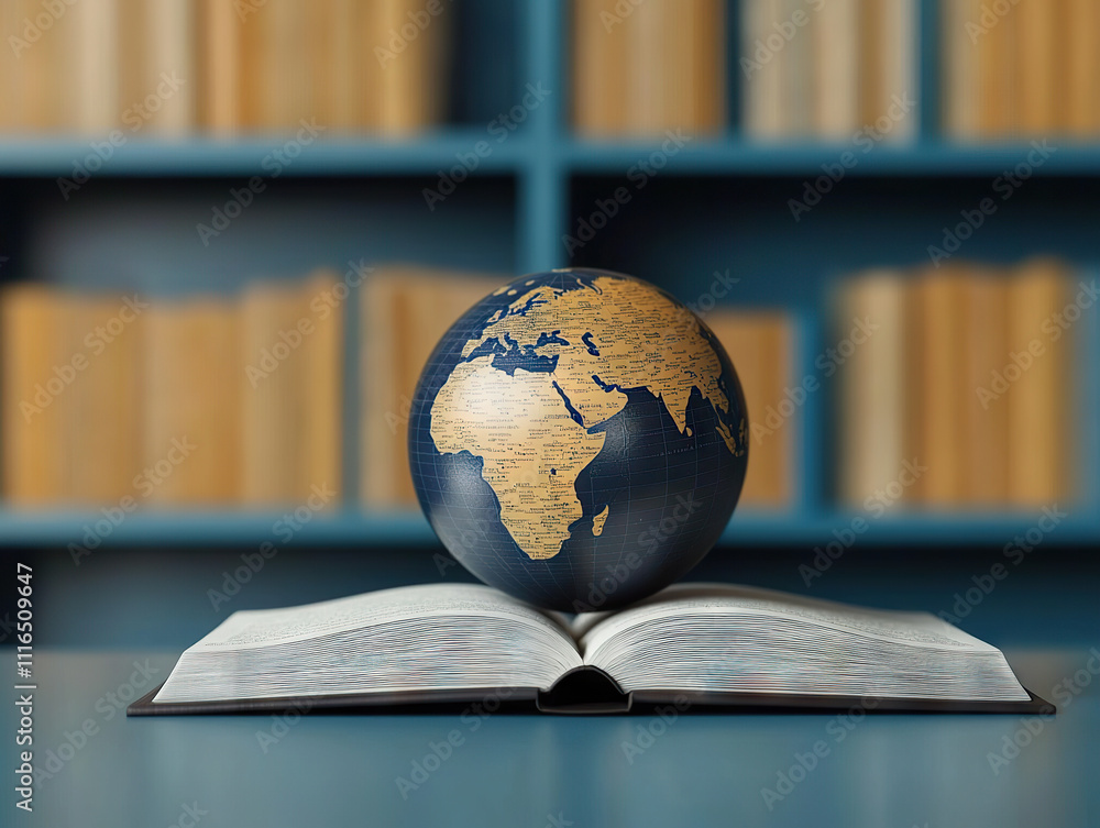 Poster globe resting on open book in library, symbolizing global knowledge and education
