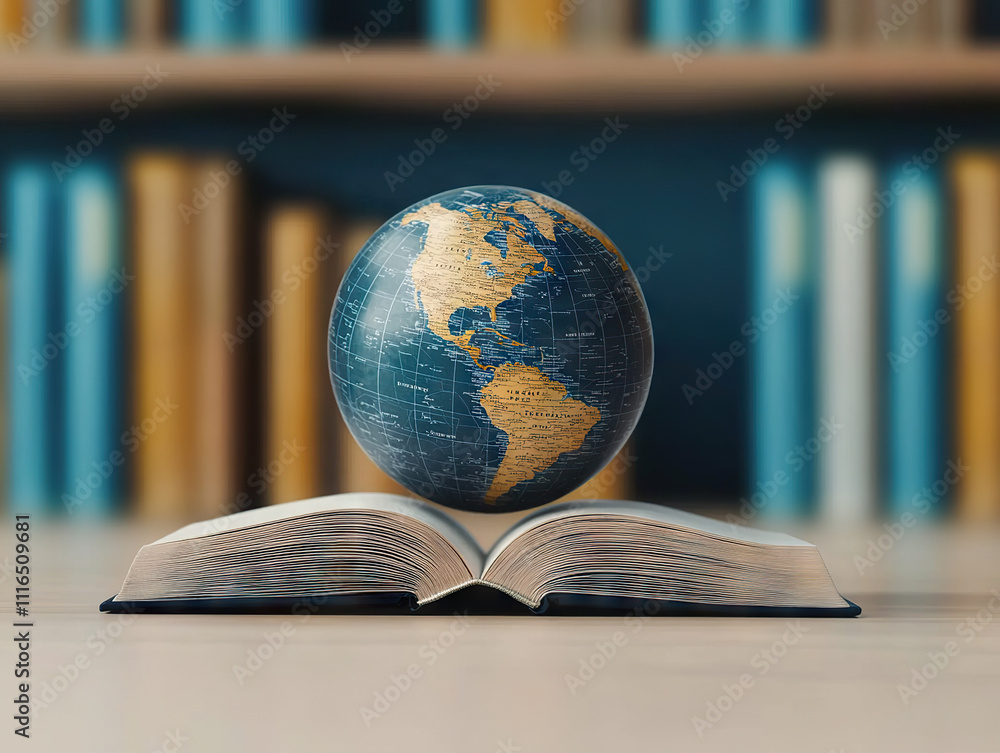 Poster globe resting on open book symbolizes global learning and knowledge, with blurred bookshelf backgrou
