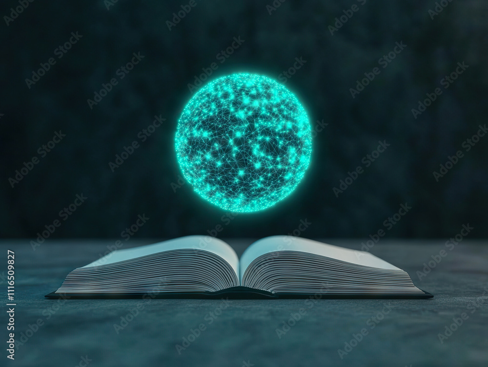 Poster open book with glowing digital sphere hovering above it, symbolizing fusion of technology and knowle