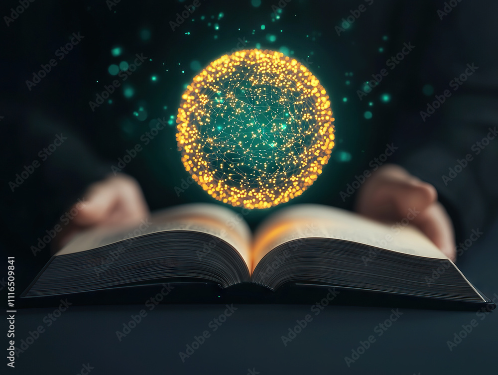 Poster open book with glowing digital sphere hovering above it, symbolizing fusion of technology and knowle