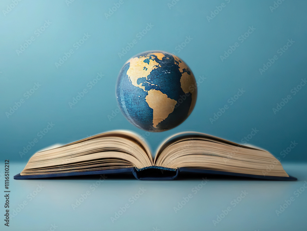 Poster open book with globe floating above it, symbolizing global knowledge, education, and world understan