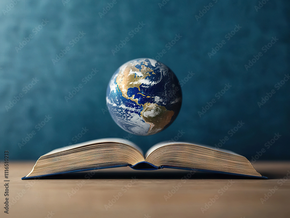 Poster open book with globe floating above it, symbolizing global knowledge, education, and connection betw