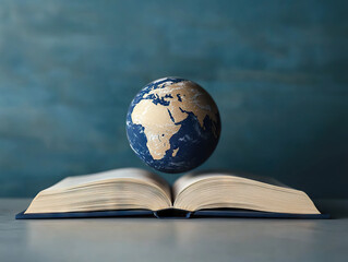 open book with floating globe above it, symbolizing global knowledge and education