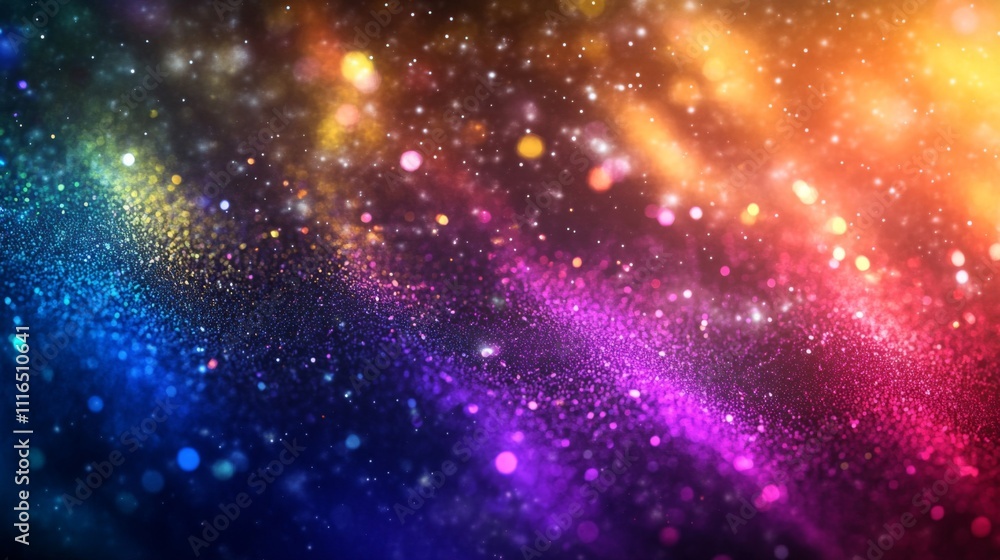 Poster abstract background with swirling multicolored glitter and bokeh lights