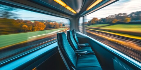 Fototapeta premium A vibrant view from inside a train. The scenery rushes by in a blur of colors. Comfortable seats create an inviting space. Perfect for travel enthusiasts and commuters. AI