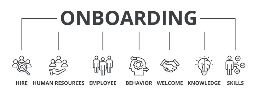 Onboarding banner web icon vector illustration concept for human resources business industry to introduce newly hired employee into an organization with behavior, welcome, knowledge, and skills icon