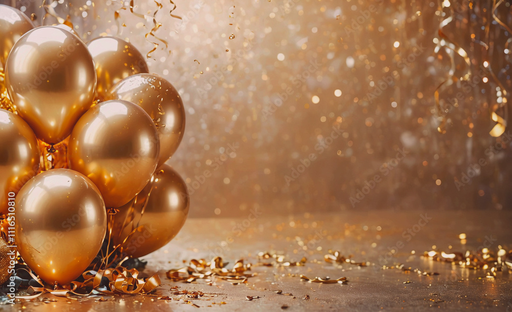 Poster bunch of gold balloons on a table. there are many balloons and some confetti on the table