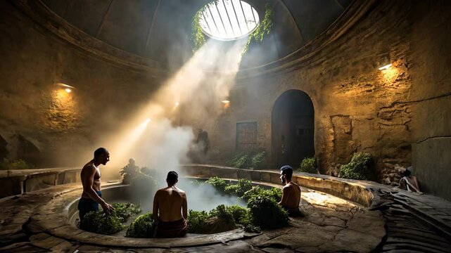 Traditional bath in the old city of egypt. Traditional, bath, egypt, old sauna, oriental, man, group. A group of men in a sauna. A man is in a large tub filled with steam lifestyle.