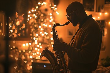 A jazz saxophonist silhouetted against warm and cool bokeh lights in a vibrant live music setting