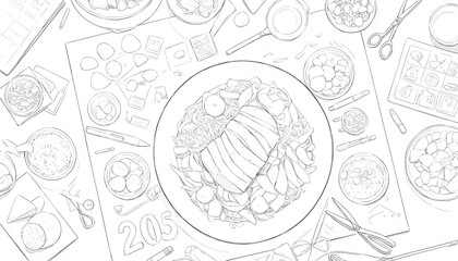 Detailed Line Drawing of Traditional Table Setting with Fresh Fish and Vegetables in Culinary Style