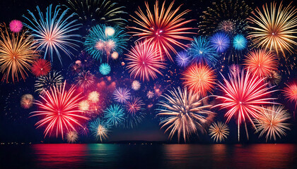Fototapeta premium Colorful Fireworks Display Over Water At Night