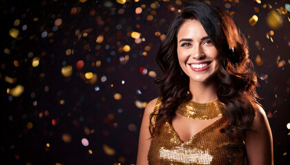 Fototapeta premium Woman in Gold Dress Smiles with Confetti Falling