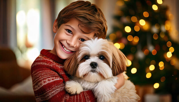 Boy Holding Puppy Near Decorated Christmas Tree