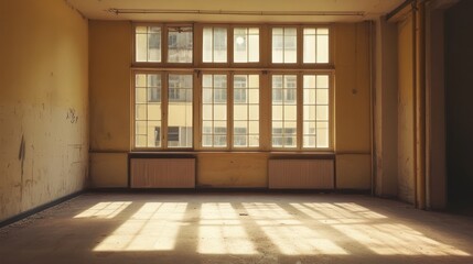 Obraz premium Sunlight streams into an empty, dilapidated room with large windows, highlighting the worn walls and floor.