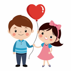 Cute boy and girl holding with love balloon on a white background