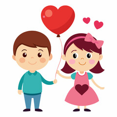 Cute boy and girl holding with love balloon on a white background