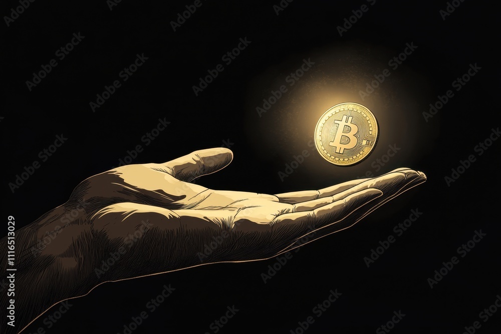 Poster a golden bitcoin is floating above the palm of an outstretched hand, the background color black gene