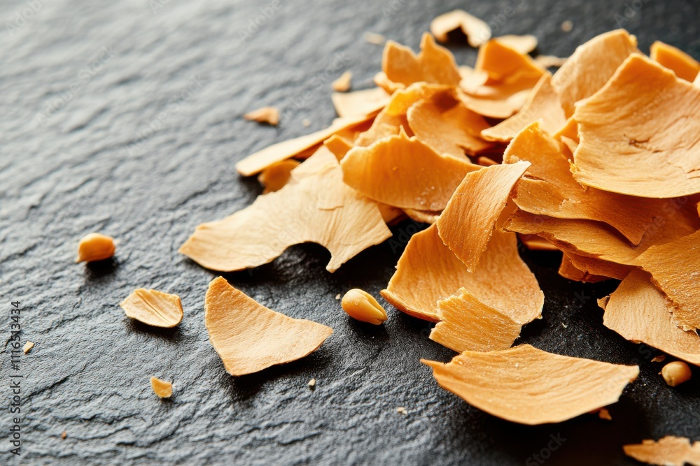 Poster scattered shells on a dark table surface illuminated by natural afternoon light, capturing a simple 