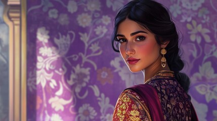 Beautiful dark-haired woman in ornate purple dress.