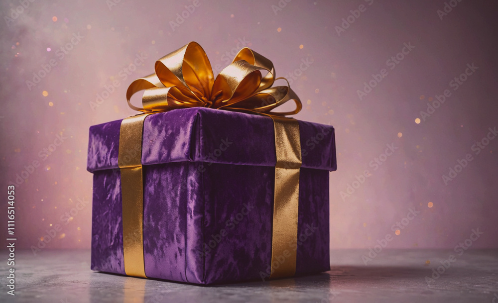 Poster purple box with gold ribbon on top. the box is sitting on a table
