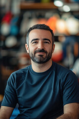 Fototapeta premium Portrait of a smiling happy friendly store employee in holiday shopping season