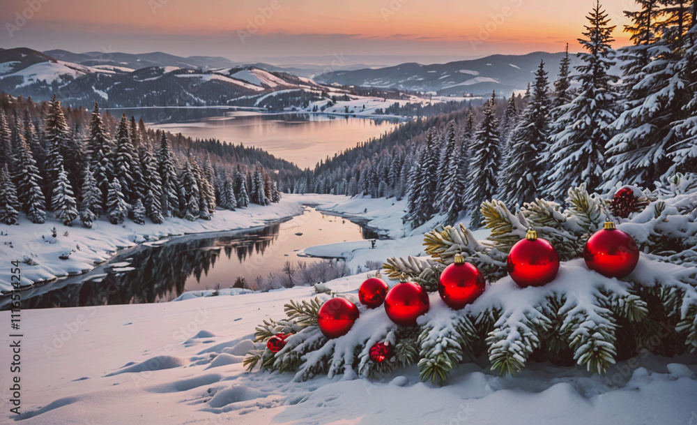 Poster christmas tree with red balls on it. the tree is in the snow. the snow is white