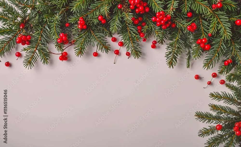 Poster White background with red berries on the left and right. The berries are on the tree and the tree is on the background