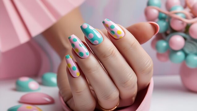 playful pastel nails with colorful polka dots on a soft pink base, woman with nails, woman with nails, trendy nails, manicure with a nail polish, manicure, nails, nails art, nails design, trendy, fash