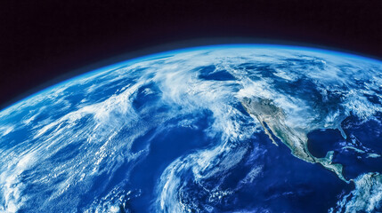 Obraz premium Earth displays its breathtaking beauty from a cosmic perspective, showcasing vibrant oceans, swirling clouds, and diverse continents under a vast, starry expanse.