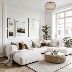 Fototapeta premium Modern Scandinavian and minimalist living room interior. White empty room. Scandinavian interior design. Home Nordic interior.