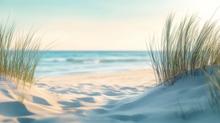 Serene beach with sand dunes and sea grass under clear blue sky