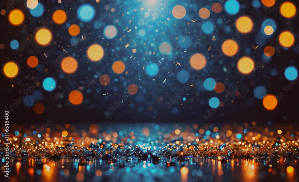 Poster Blue and orange background with many small circles. The circles are of different sizes and colors. The background is blurry and has a lot of light