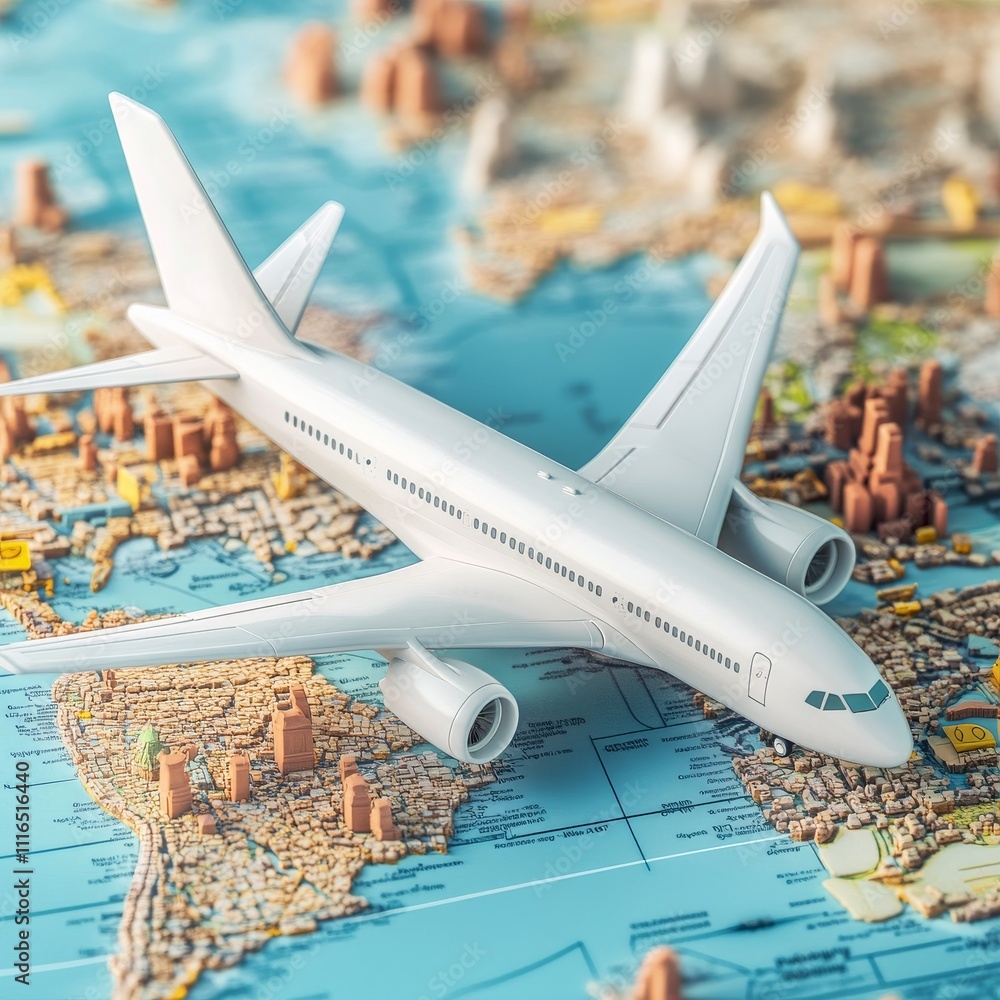 Aufkleber 3D Airplane in Clouds and Globe Isolated. Render World Travelling by Plane. World Map with Aircraft. Time to Travel Concept, Holiday Planning. Tourist Worldwide Transportation. Vector Illustration