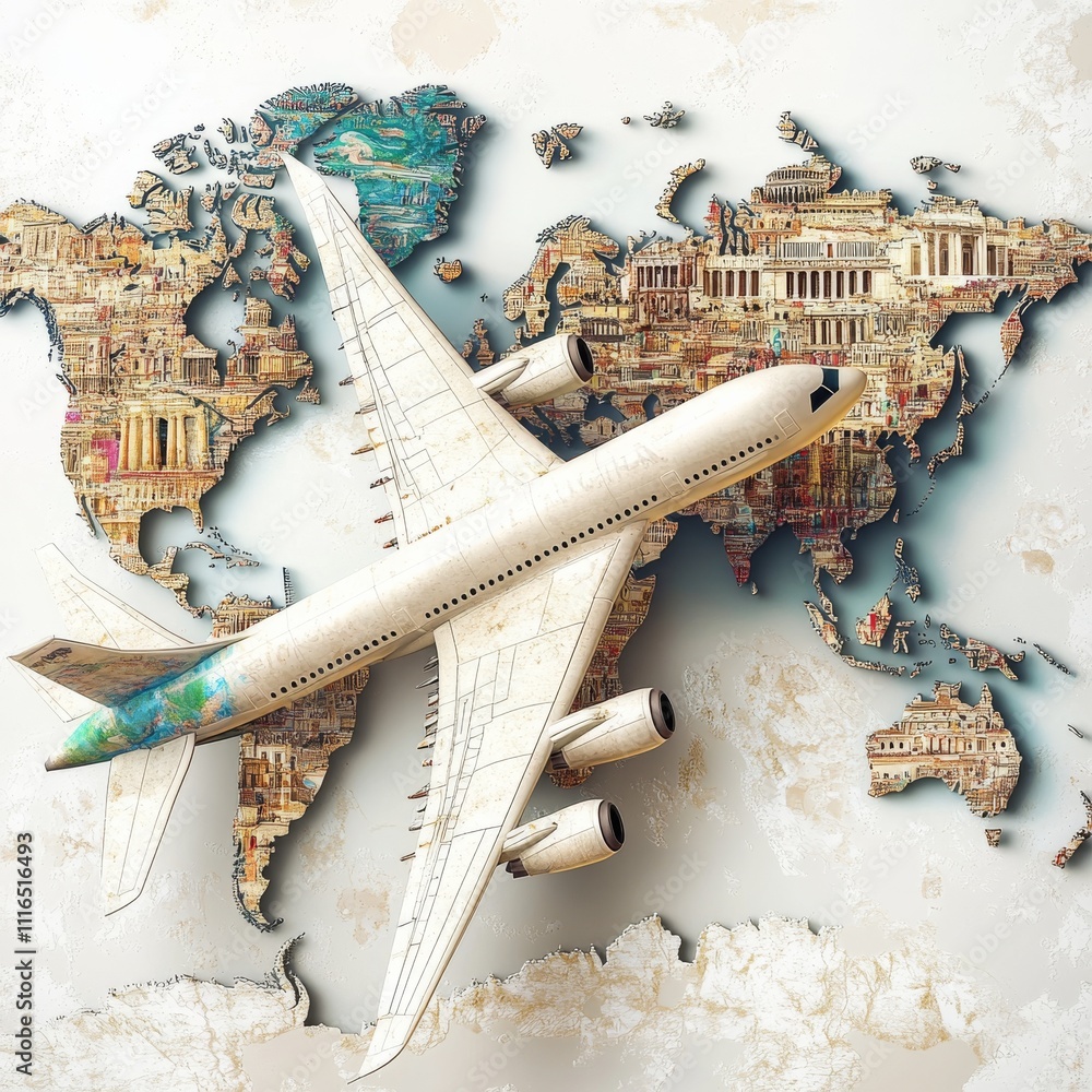Aufkleber 3d airplane in clouds and globe isolated. render world travelling by plane. world map with aircraft.