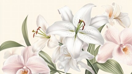 Elegant lilies and orchids, pastel hues.