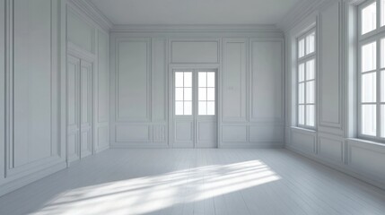 Fototapeta premium Empty bright room with white walls, wood floor, and large windows, showcasing classic interior design.