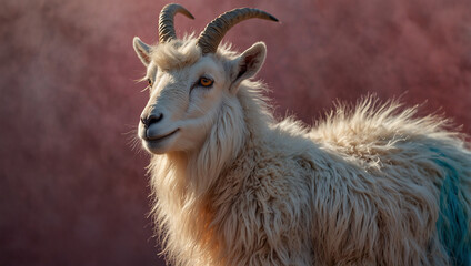Obraz premium A white goat with horns rests among pink and teal fuzzy plants.